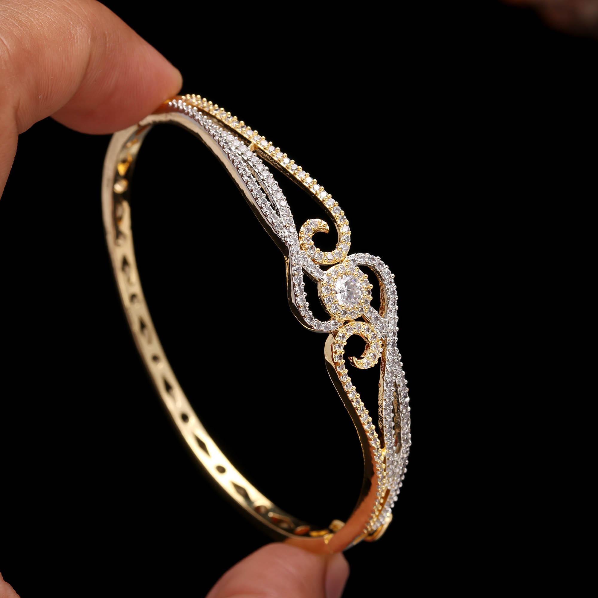 Graceful Gold Diamond Bangle for Women | Elegant CZ Stone Designer Bracelet for Weddings & Parties